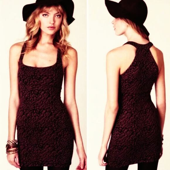 Free People Racerback Leopard Cheetah Burgundy Black Bodycon Dress - Picture 1 of 7